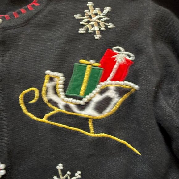Vintage B.P. Design Christmas Sweater Cardigan Large Black With Embroidered Sled - Picture 6 of 9